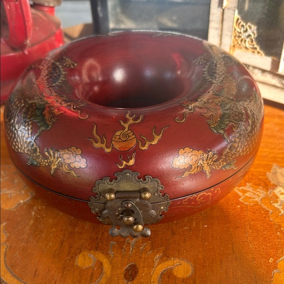 Vintage Chinese Dragons Donut Wooden Jewelry or Trinket Box